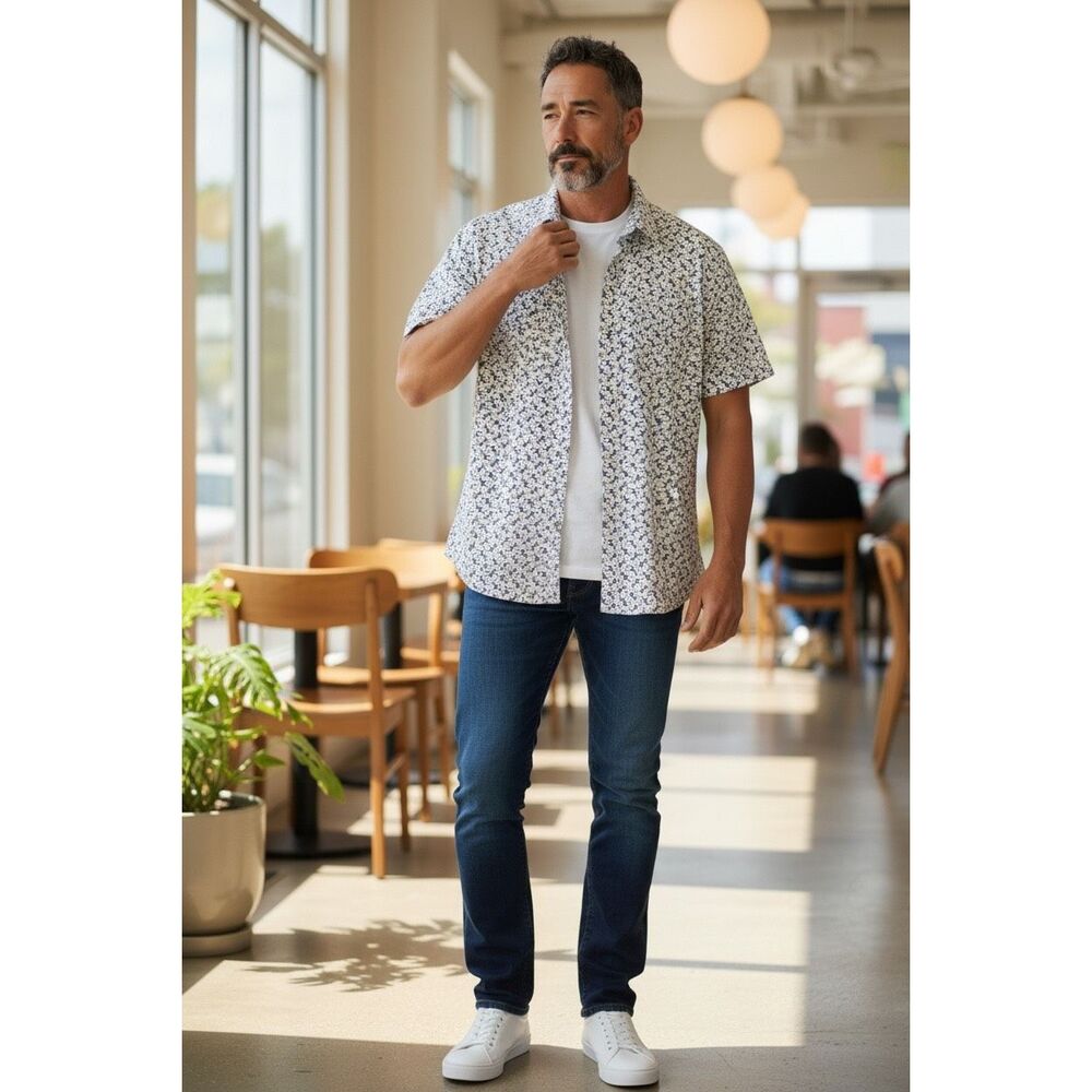 ROWM Gecko Print Button Down Shirt Mens Large Tropical Short Sleeve